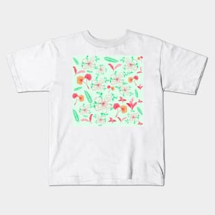 Abstract Flowers & Leaves Pattern In Green Background Kids T-Shirt